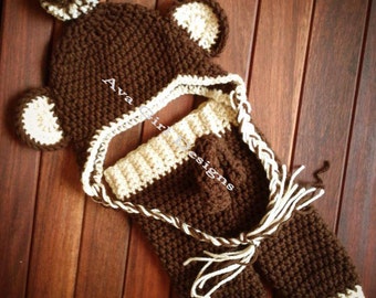 Newborn baby monkey hat and pant set brown cream