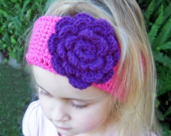 Girl headband head warmer pink purple flower