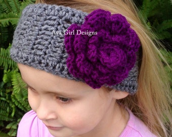 Girl head warmer charcoal grey and purple flower