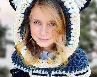 Crochet Cowl Hood, Camille the Cat Hood Cowl Scarf, Hooded Cowl, Cat Hooded Cowl, Hooded Scarf, Children's Knit Wear, Christmas Gift Girls