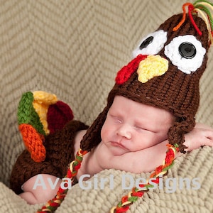 Newborn Baby Turkey Hat Diaper Cover Set, Thanksgiving Baby Outfit, Knit Baby Set, Holiday Baby Set, Turkey Hat image 1