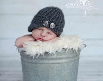 Knitted baby newsboy hat grey  baby photo prop