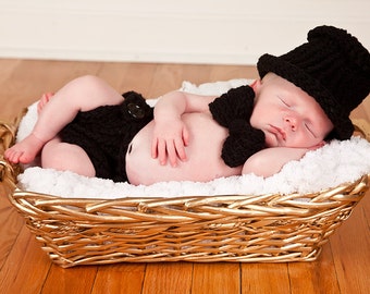 Knitted baby Black Top Hat, Bow Tie, and Diaper Cover Tuxedo Set