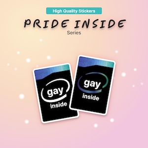 Peut inclure: Deux autocollants rectangulaires avec un fond noir et un motif de circuit imprimé bleu en haut. Le texte "gay inside" est imprimé en blanc, avec le mot "gay" entouré d'un graphique circulaire blanc. Le texte "High Quality Stickers" et "PRIDE INSIDE Series" figure au-dessus.