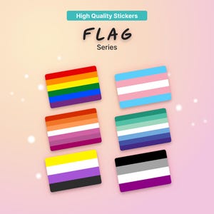 Könnte beinhalten: Ein Set aus sechs rechteckigen Aufklebern mit verschiedenen Pride-Flaggen, darunter die Regenbogen-, Transgender-, Lesben-, Schwulen-, nicht-binäre und asexuelle Flagge. Der Text "High Quality Stickers" und "FLAG Series" steht oben.