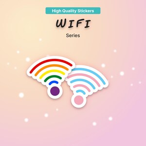 Peut inclure: Deux autocollants WiFi, l'un avec un arc-en-ciel et l'autre avec des couleurs pastel. Le texte "WIFI Series" est affiché au-dessus des autocollants, avec "High Quality Stickers" en haut. Fond rose.