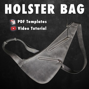 May include: Gray holster bag with multiple zippered compartments and a long adjustable strap. The bag has white stitching and a sleek, modern design. The image also includes the text "HOLSTER BAG", "PDF Templates", and "Video Tutorial".