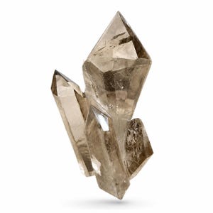 May include: A cluster of smoky quartz crystals, displaying a natural formation. The crystals have a translucent, brownish-grey hue and sharp, geometric points. The arrangement suggests a geode or mineral specimen, suitable for collectors or those interested in geology.