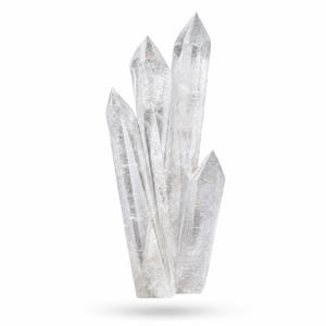 May include: A group of clear quartz crystals with pointed ends. The crystals are translucent, showing internal features and a natural texture. The arrangement suggests a natural formation, suitable for display or collection. The crystals are measured in centimetres.