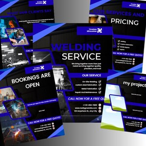 Może przedstawiać: Szablon ulotki promocyjnej dla serwisu spawalniczego z tekstem Welding Service, Our Services and Pricing oraz Bookings Are Open. Projekt zawiera niebieskie i czarne geometryczne akcenty, dane kontaktowe oraz miejsca na zdjęcia.