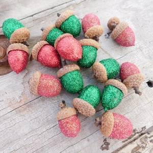 Glitter Acorns-Hand Glittered Acorns-Table Decorations-Tablescape-Wedding Decor-Bowl Filler-Vase Filler-Red and Green-Centerpiece-Woodland image 1