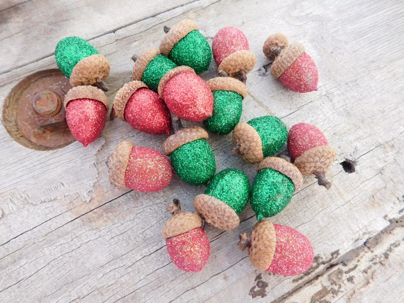 Glitter Acorns-Hand Glittered Acorns-Table Decorations-Tablescape-Wedding Decor-Bowl Filler-Vase Filler-Red and Green-Centerpiece-Woodland image 1