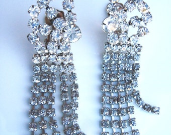 Vintage Earrings-Rhinestone Earrings-Dangle-Clip earrings-Wedding Earrings-Holiday-Special Occasion