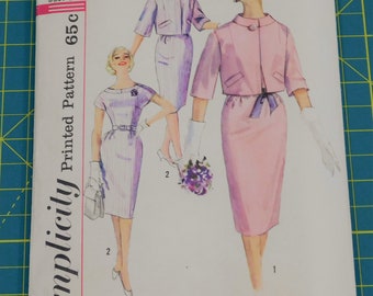 Vintage Printed Pattern-Simplicity-60s-dress-jacket-cap sleeve-Size 11-Junior-Bust 31 1/2-straight skirt #3850