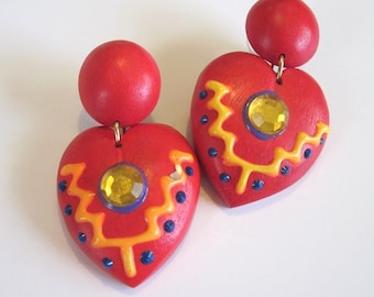 Red Earrings - 80s - Heart Shaped - Hand Painted - Wooden Earrings - Deadstock - New Old Stock Kitsch Statement Earrings