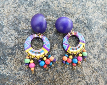 80s - Purple - Hand Painted - Wooden Earrings - Deadstock - New Old Stock - Kitsch - Statement Earrings