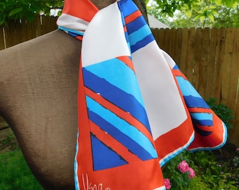 Vintage Scarf-Vera-Vera Neumann 70s-silk scarf-oblong-rectangle scarf-neck scarf-red white and blue