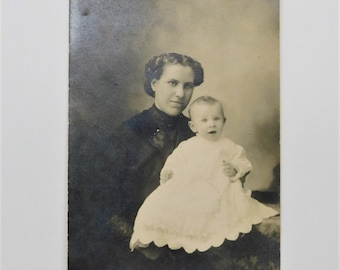 Real Picture Postcard-Antique Postcard-Mother and Baby-Cute Baby-Photo-Black and White-Historic Photo-Antique Photography-Portrait-RPPC