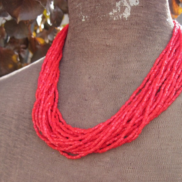 Glass bead multi-strand necklace red beads Bohemian glass 80s statement necklace