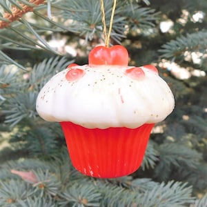 Cupcake ornament-Vintage Christmas ornament-red and white cupcake-food ornament-pastel Christmas-molded plastic-Hong Kong