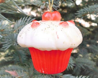Cupcake ornament-Vintage Christmas ornament-red and white cupcake-food ornament-pastel Christmas-molded plastic-Hong Kong