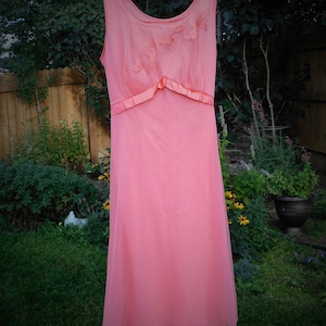 Vintage Nightgown-Vintage Lingerie-Nighty-Sheer-Pink-Apricot-Peach-Back Tie-Sleepwear-Charmode-Mid Century-Designer-Pajamas