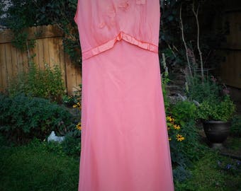 Vintage Nightgown-Vintage Lingerie-Nighty-Sheer-Pink-Apricot-Peach-Back Tie-Sleepwear-Charmode-Mid Century-Designer-Pajamas