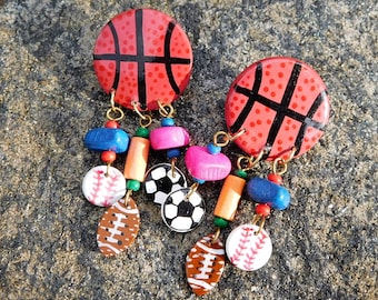 Basketball - pierced earrings - 80s - Hand Painted - Wooden Earrings - Deadstock - New Old Stock - Kitsch Statement Earrings