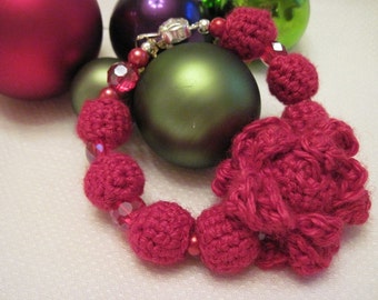 Art Jewelry-Handmade Bracelet-Fiber Jewelry-Blooming Red Rose-Alpaca Bracelet-Crocheted Flower-Christmas Rose-Red Bracelet-Wedding-Alpaca