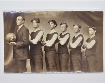 Real Picture Postcard-Antique Postcard-Basketball-Basketball Team-Photo-Black and White-Historic Photo-Antique Photography-Sports-RPPC