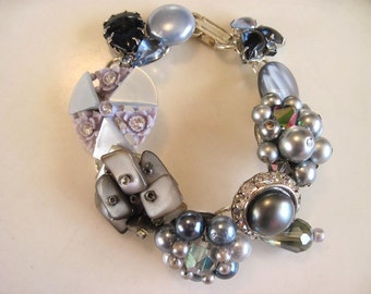 Shades of Grey Sparkly Upcycled Earring Wedding Party Special Occasion Assemblage Bracelet