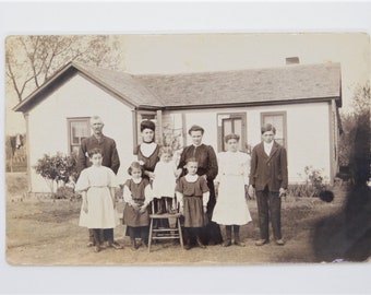 Real Picture Postcard-Antique Postcard-Family-Prairie-Farmhouse-Photo-Black and White-Historic Photo-Antique Photography-Great Plains-RPPC