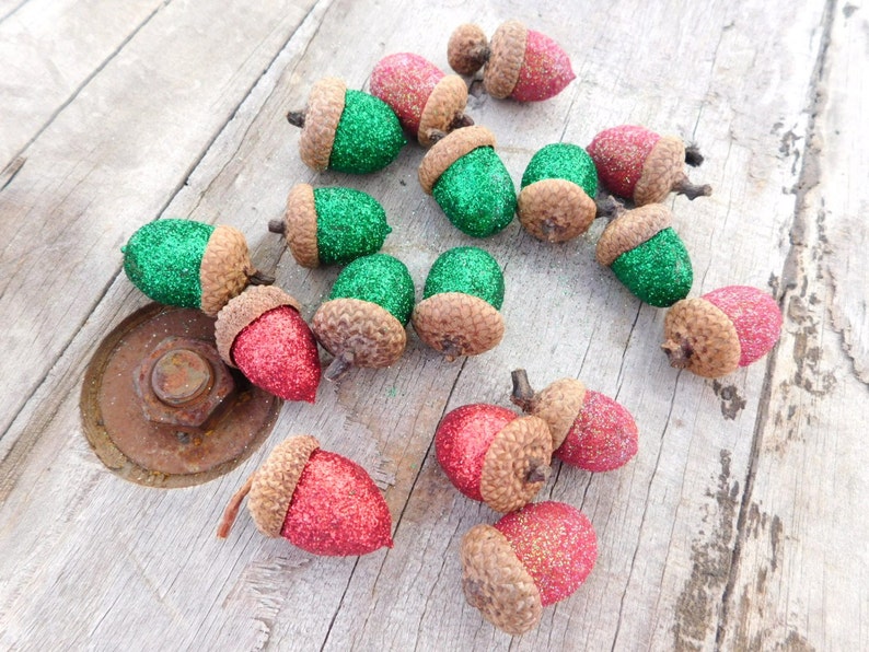 Glitter Acorns-Hand Glittered Acorns-Table Decorations-Tablescape-Wedding Decor-Bowl Filler-Vase Filler-Red and Green-Centerpiece-Woodland image 2