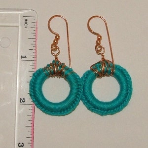 Turquiose and Copper Earrings Crocheted jewelry dangle hoops image 3