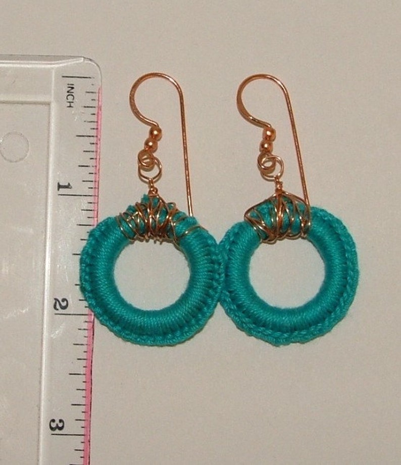 Turquiose and Copper Earrings Crocheted jewelry dangle hoops image 3