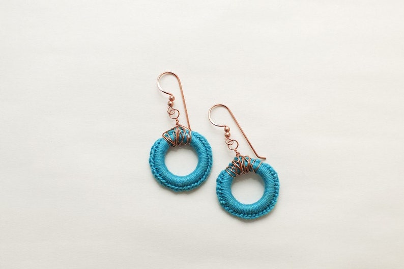Turquiose and Copper Earrings Crocheted jewelry dangle hoops image 2
