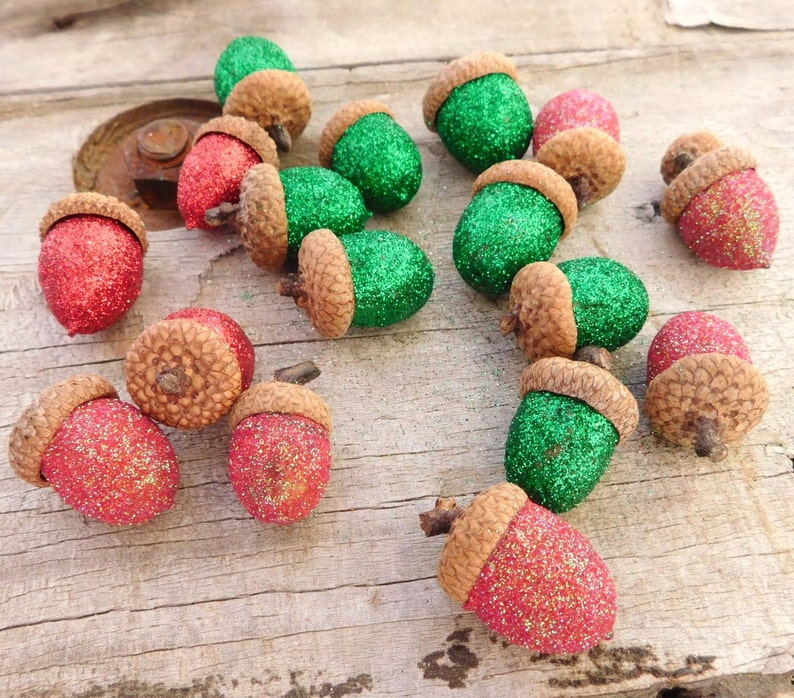 Glitter Acorns-Hand Glittered Acorns-Table Decorations-Tablescape-Wedding Decor-Bowl Filler-Vase Filler-Red and Green-Centerpiece-Woodland image 3