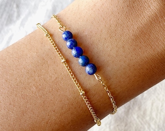18K Gold Plated Lapis Lazuli Double Stacked Bracelet, Minimalist Chain Layered Bracelet