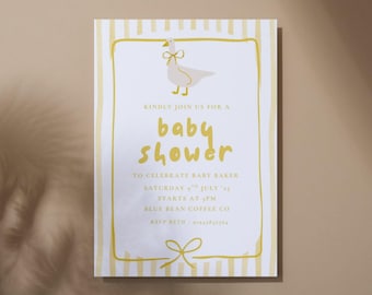 Uroczy mały gąsiorek na baby shower • Cyfrowy szablon papeterii dziecięcej neutralnej pod względem płci • Pastelowo-żółte prążki • Spersonalizowane zaproszenie