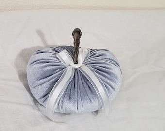 Blue Gray Velvet Pumpkin with Silverware Handle Stem Elegant Home Decor Modern Farmhouse