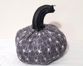 Fabric Pumpkin Real Stem Black Gray White Spiders Webs