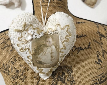 Hanging Heart Ornament Home Decor Romantic Vintage Lace Baby Photo French Cottage