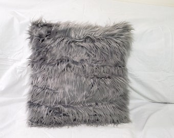 Gray Faux Fur Pillow with Faux Suede Back Square Toss Throw Pillow 20 x 20