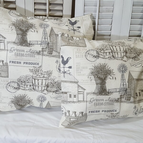 Pair Country Farmhouse Pillows Farm Chickens Barn Taupe Brown Ivory Neutral Decor Cottage Chic