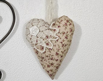 Handmade Hanging Heart Ornament Shabby Cottage Decor Door Hanger Calico Fabric