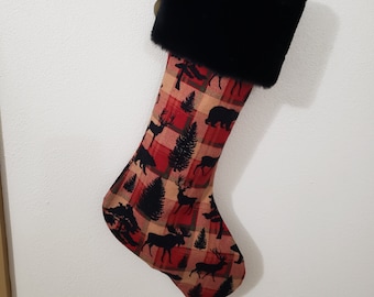 Flannel Christmas Stocking Fur Cuff Plaid Red Tan Green Black Rustic Farmhouse Decor Free US Shipping