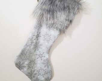 Flannel Christmas Stocking Gray White Fur Cuff Rustic Cottage Farmhouse Free US Shipping