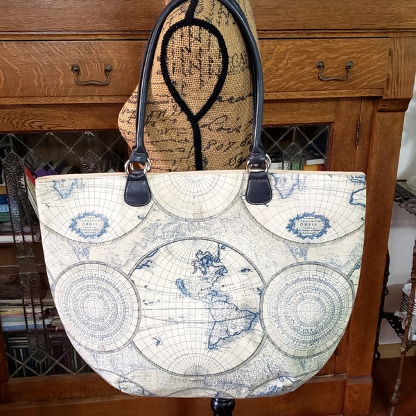 World Map Handbag Tote Large Bag Travel Bag Ivory Blue Gray