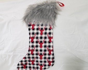 Lined Flannel Stocking Holiday Decor Deer Head on Black and White Plaid Rustic Woodland Decor Fur Cuff