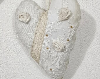 Hanging Heart Ornament Home Decor Romantic Vintage Lace Fabric Beads Ivory Neutral